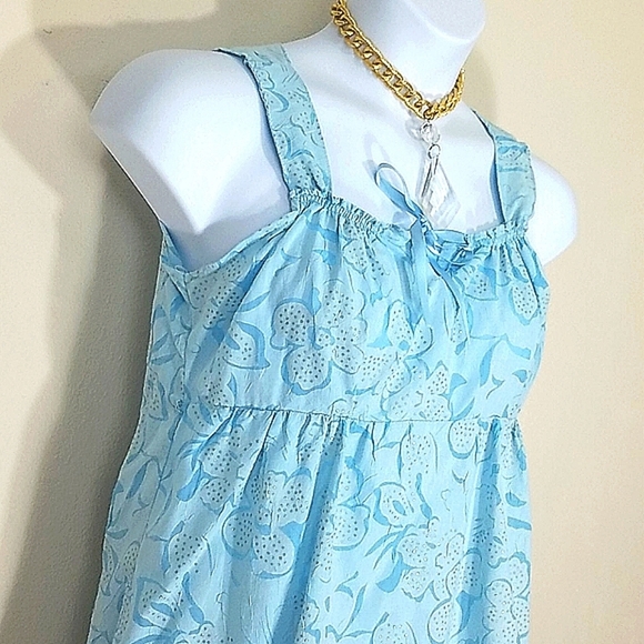 Sleeveless blouse tank top blue floral print FLOWY 100% cotton Square Neck W Tie - Picture 5 of 6